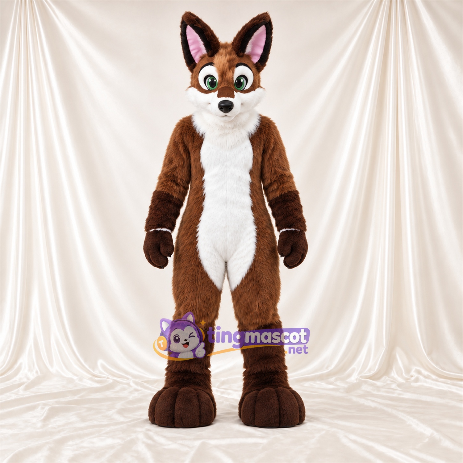 Maskottchenkostüm Fuchs – braun / weiß – Bauch (weiß); Augen (grün)