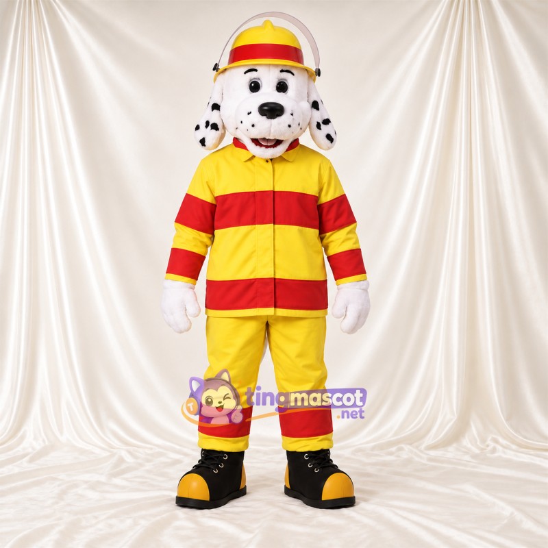 Black and White Dalmatian Mascot Costume - Yellow and Red Firefighter Outfit Black and White Dalmatian Mascot Costume - Yellow and Red Firefighter Outfit
