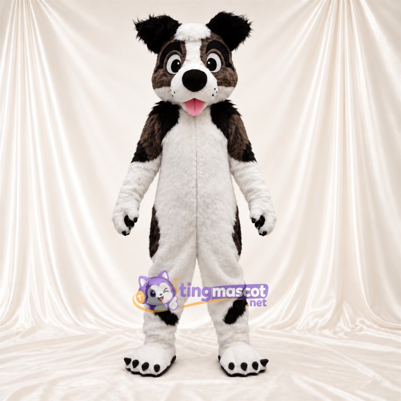 Costume de mascotte Chien – noir / blanc – Coussinets (noir); Langue (rose) Costume de mascotte Chien – noir / blanc – Coussinets (noir); Langue (rose)