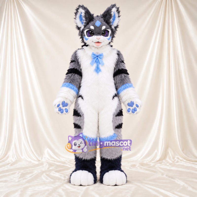Costume de mascotte Husky – gris / blanc – Rayures (noir); Nœud (bleu) Costume de mascotte Husky – gris / blanc – Rayures (noir); Nœud (bleu)