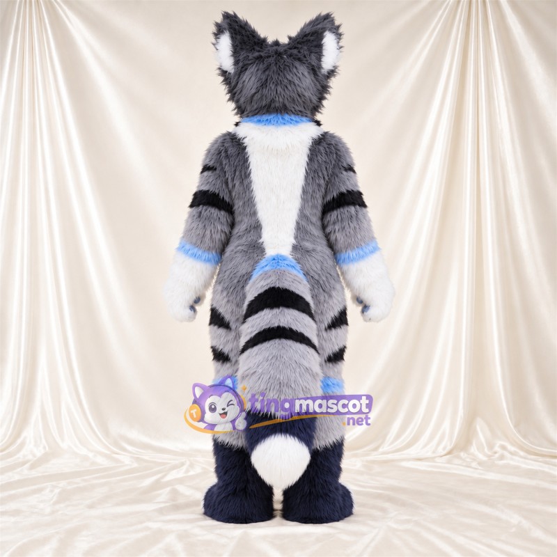 Costume de mascotte Husky – gris / blanc – Rayures (noir); Nœud (bleu) Costume de mascotte Husky – gris / blanc – Rayures (noir); Nœud (bleu)
