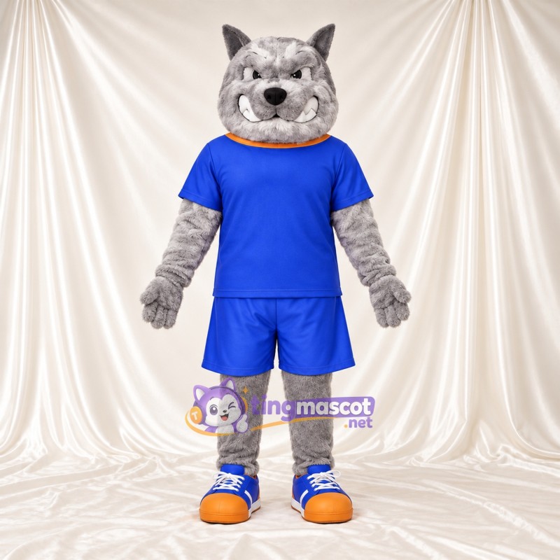 Costume de mascotte Chat sauvage – gris – Tenue de sport (bleu) Costume de mascotte Chat sauvage – gris – Tenue de sport (bleu)