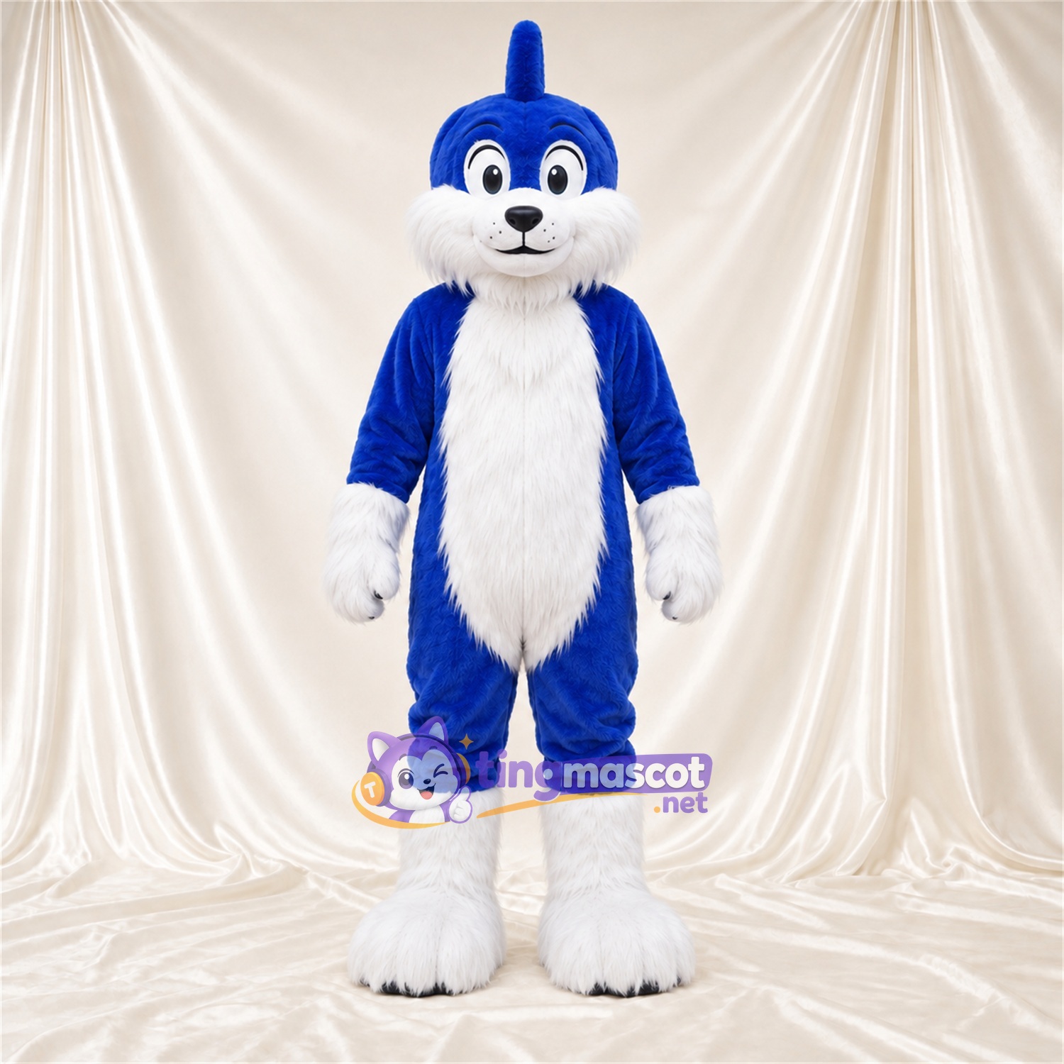 Maskottchenkostüm Hund – blau / weiß – Ringelschwanz; Unterschenkel (weiß) Maskottchenkostüm Hund – blau / weiß – Ringelschwanz; Unterschenkel (weiß)