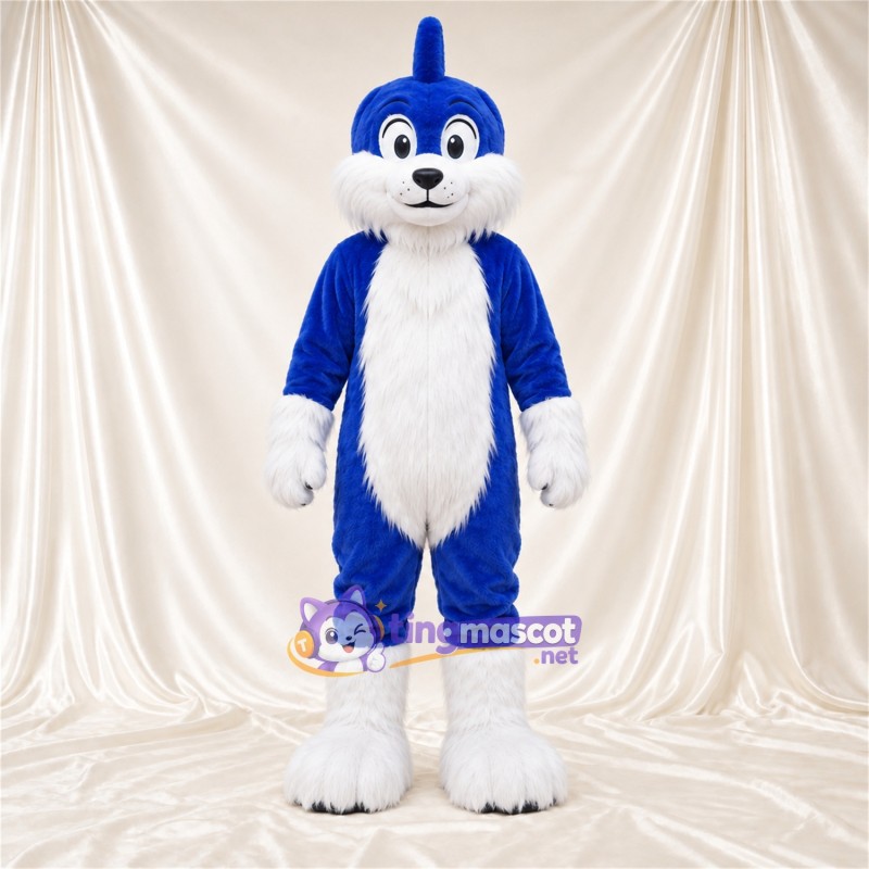 Maskottchenkostüm Hund – blau / weiß – Ringelschwanz; Unterschenkel (weiß) Maskottchenkostüm Hund – blau / weiß – Ringelschwanz; Unterschenkel (weiß)