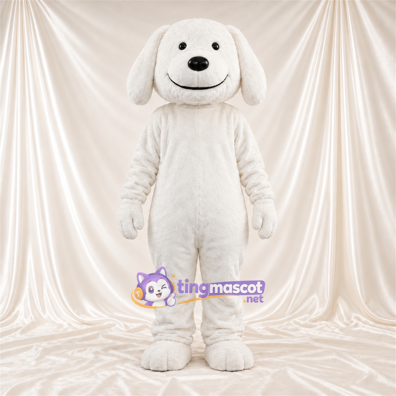 Costume de mascotte Chien – blanc – Oreilles tombantes; Visage souriant Costume de mascotte Chien – blanc – Oreilles tombantes; Visage souriant