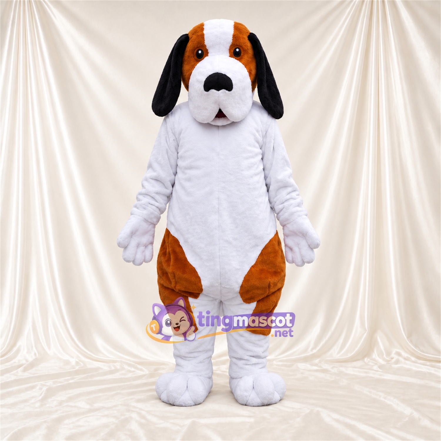 Maskottchenkostüm Hund – braun / weiß – Brust (weiß); Schlappohren (schwarz) Maskottchenkostüm Hund – braun / weiß – Brust (weiß); Schlappohren (schwarz)