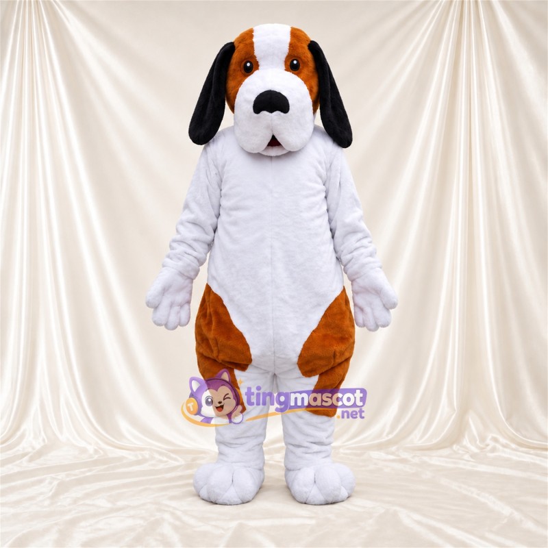 Maskottchenkostüm Hund – braun / weiß – Brust (weiß); Schlappohren (schwarz)