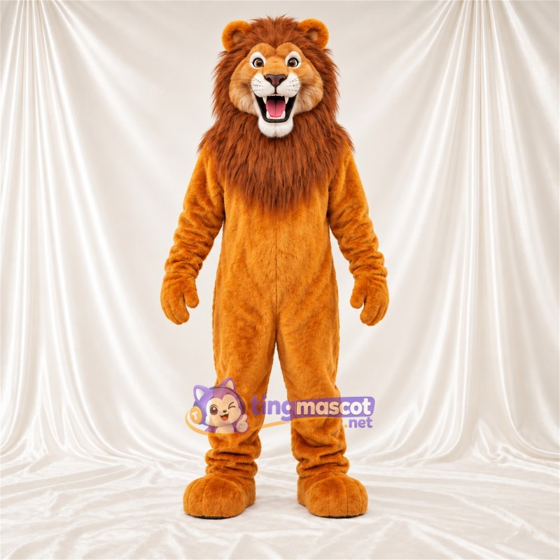 Costume de mascotte Lion – orange – Crinière (marron); Bouche ouverte Costume de mascotte Lion – orange – Crinière (marron); Bouche ouverte