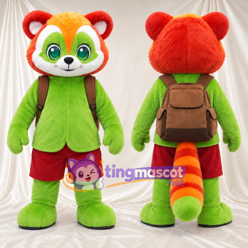 Green and Orange Red Panda Mascot Costume - Red Shorts and Brown Backpack