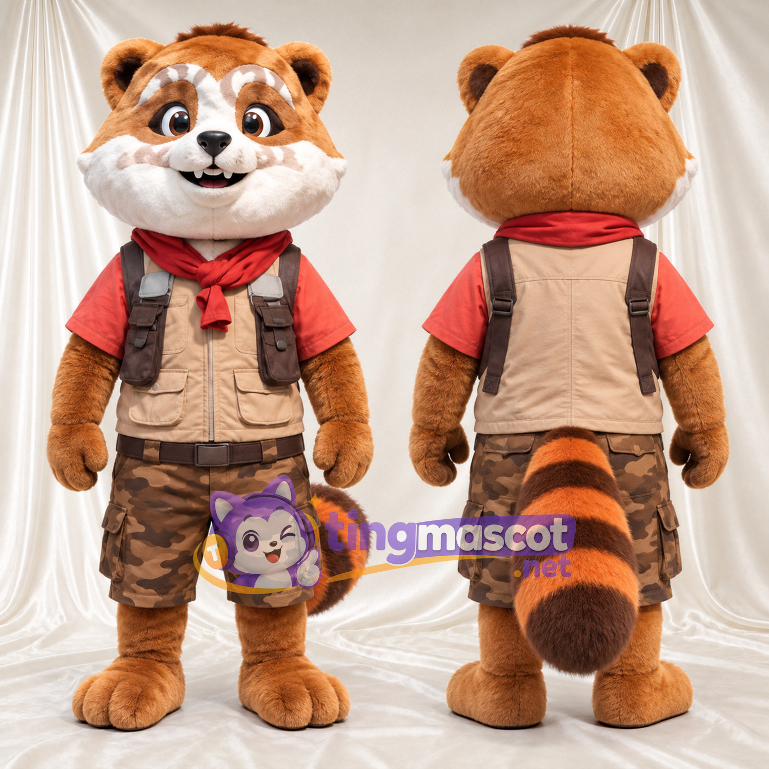 Orange and Brown Red Panda Mascot Costume - Beige Vest, Red Scarf and Camouflage Shorts Orange and Brown Red Panda Mascot Costume - Beige Vest, Red Scarf and Camouflage Shorts