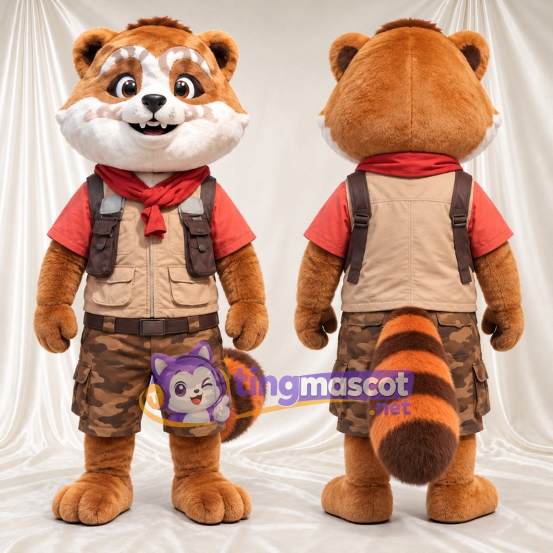 Orange and Brown Red Panda Mascot Costume - Beige Vest, Red Scarf and Camouflage Shorts