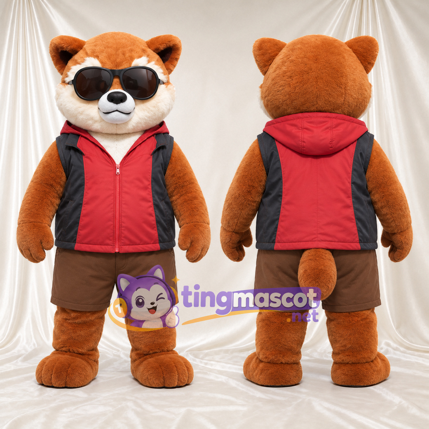 Brown and White Red Panda Mascot Costume - Red Vest, Brown Shorts and Sunglasses Brown and White Red Panda Mascot Costume - Red Vest, Brown Shorts and Sunglasses