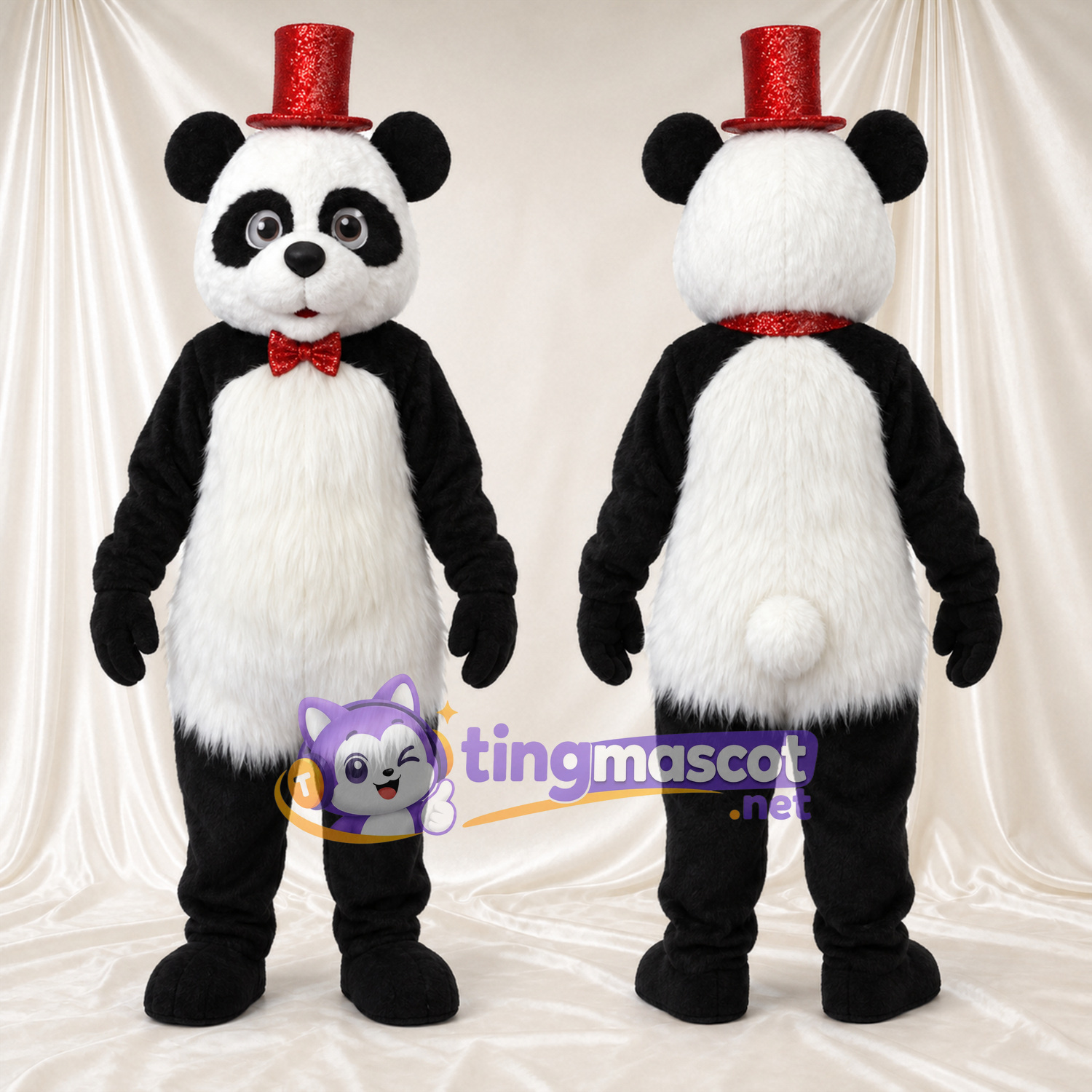 Black and White Panda Mascot Costume - Red Top Hat, Red Bow and Shaggy Fur Black and White Panda Mascot Costume - Red Top Hat, Red Bow and Shaggy Fur