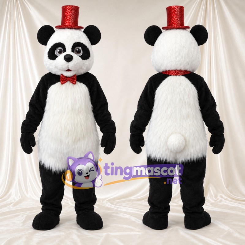 Black and White Panda Mascot Costume - Red Top Hat, Red Bow and Shaggy Fur