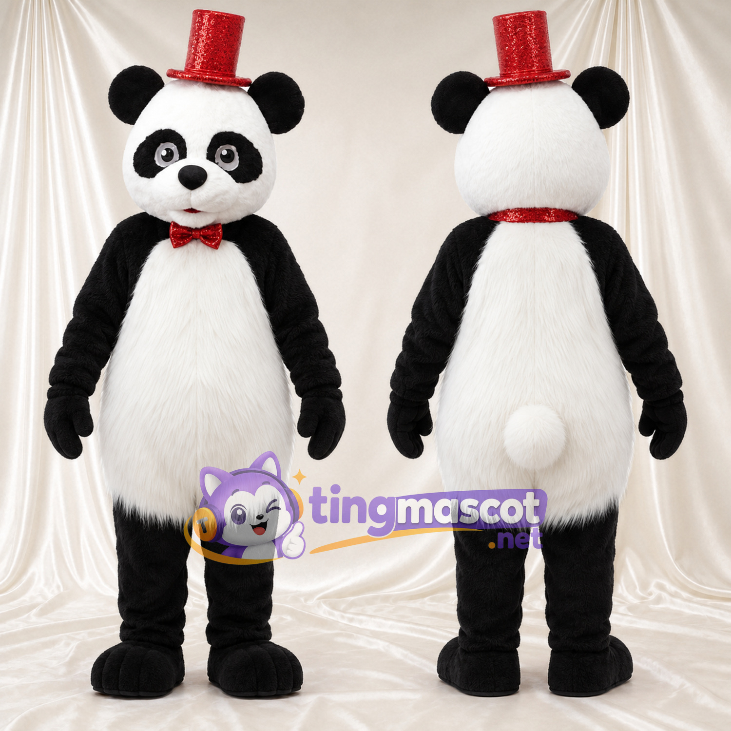 Black and White Panda Mascot Costume - Red Top Hat, White Tail and Red Bow Black and White Panda Mascot Costume - Red Top Hat, White Tail and Red Bow