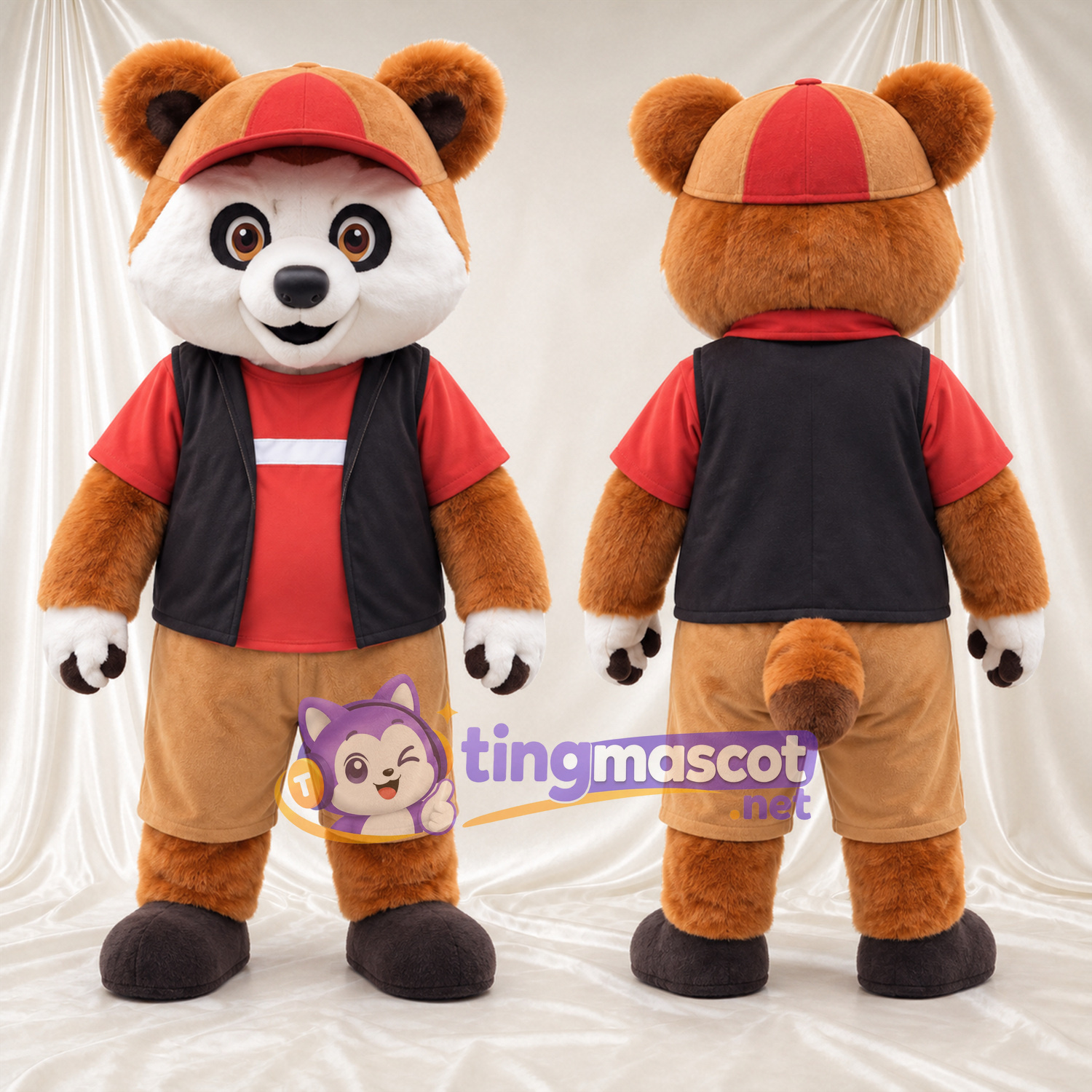 Costume de mascotte Panda roux – marron – Casquette (rouge); Gilet (noir)