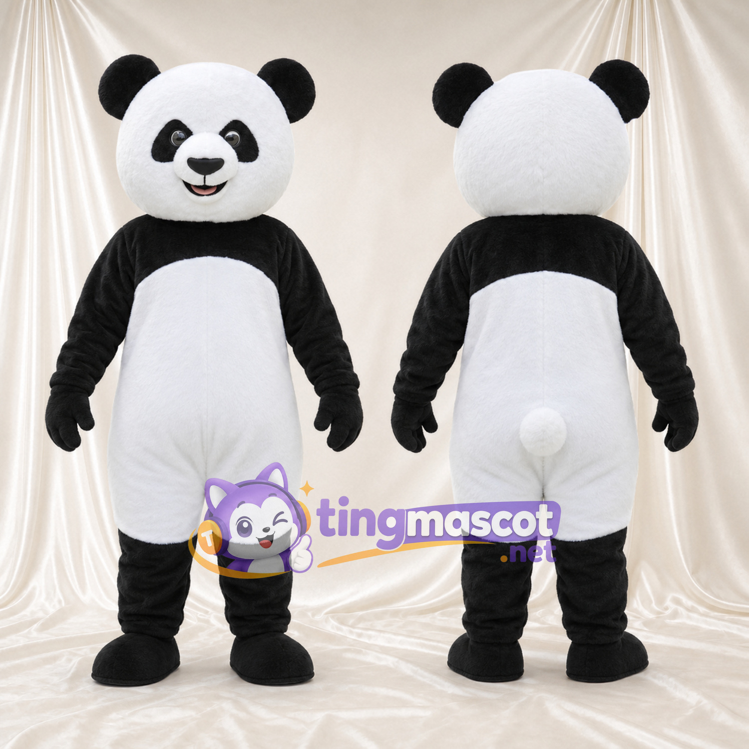 Black and White Panda Mascot Costume - Smiling Face and White Thigh Panels Black and White Panda Mascot Costume - Smiling Face and White Thigh Panels