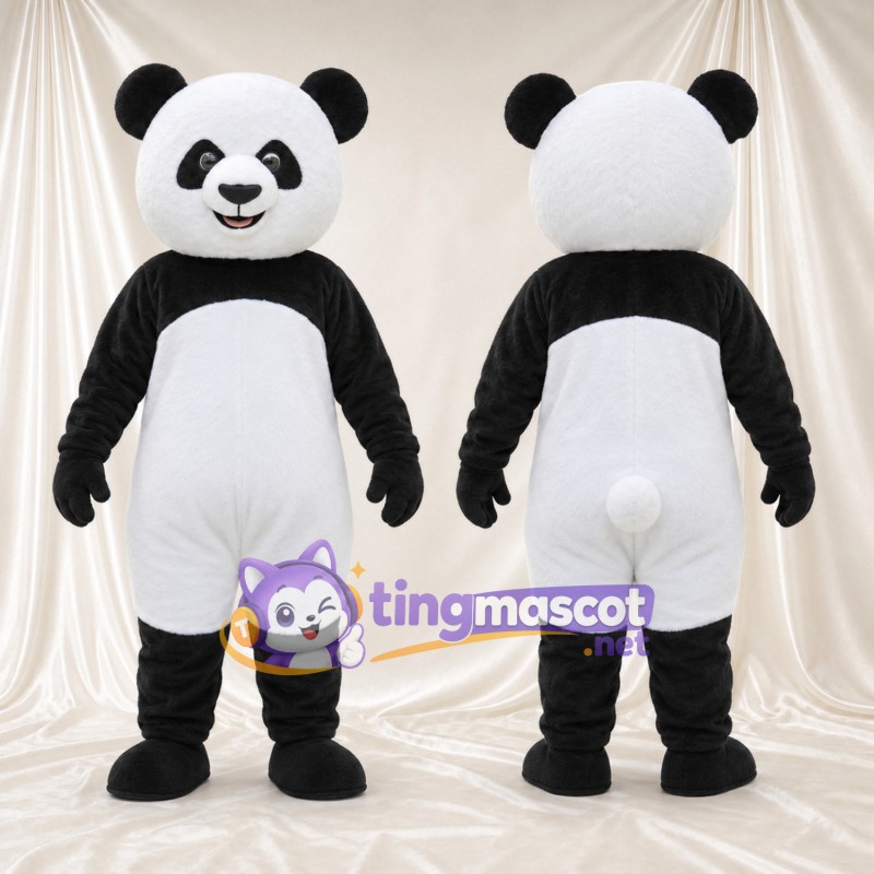 Black and White Panda Mascot Costume - Smiling Face and White Thigh Panels