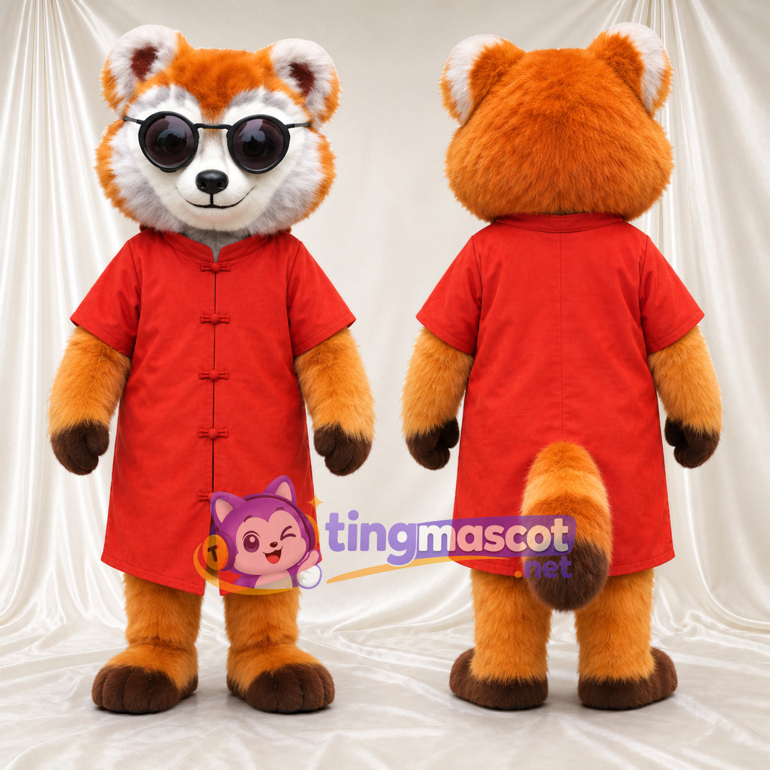 Maskottchenkostüm Roter Panda – orange / braun – Tunika (rot); Sonnenbrille Maskottchenkostüm Roter Panda – orange / braun – Tunika (rot); Sonnenbrille