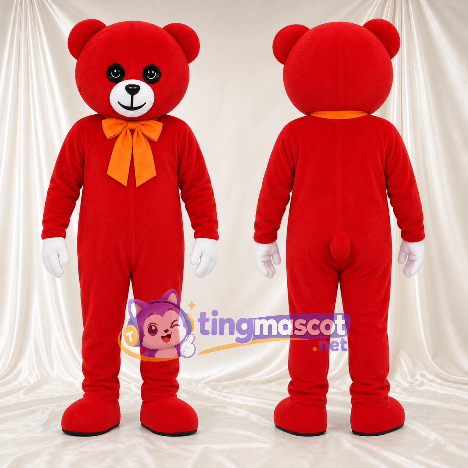 Maskottchenkostüm Bär – rot – Schleife (gelb) Maskottchenkostüm Bär – rot – Schleife (gelb)