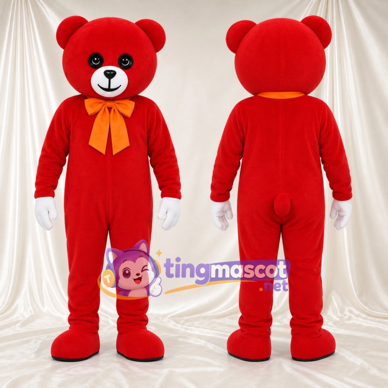 Maskottchenkostüm Bär – rot – Schleife (gelb)