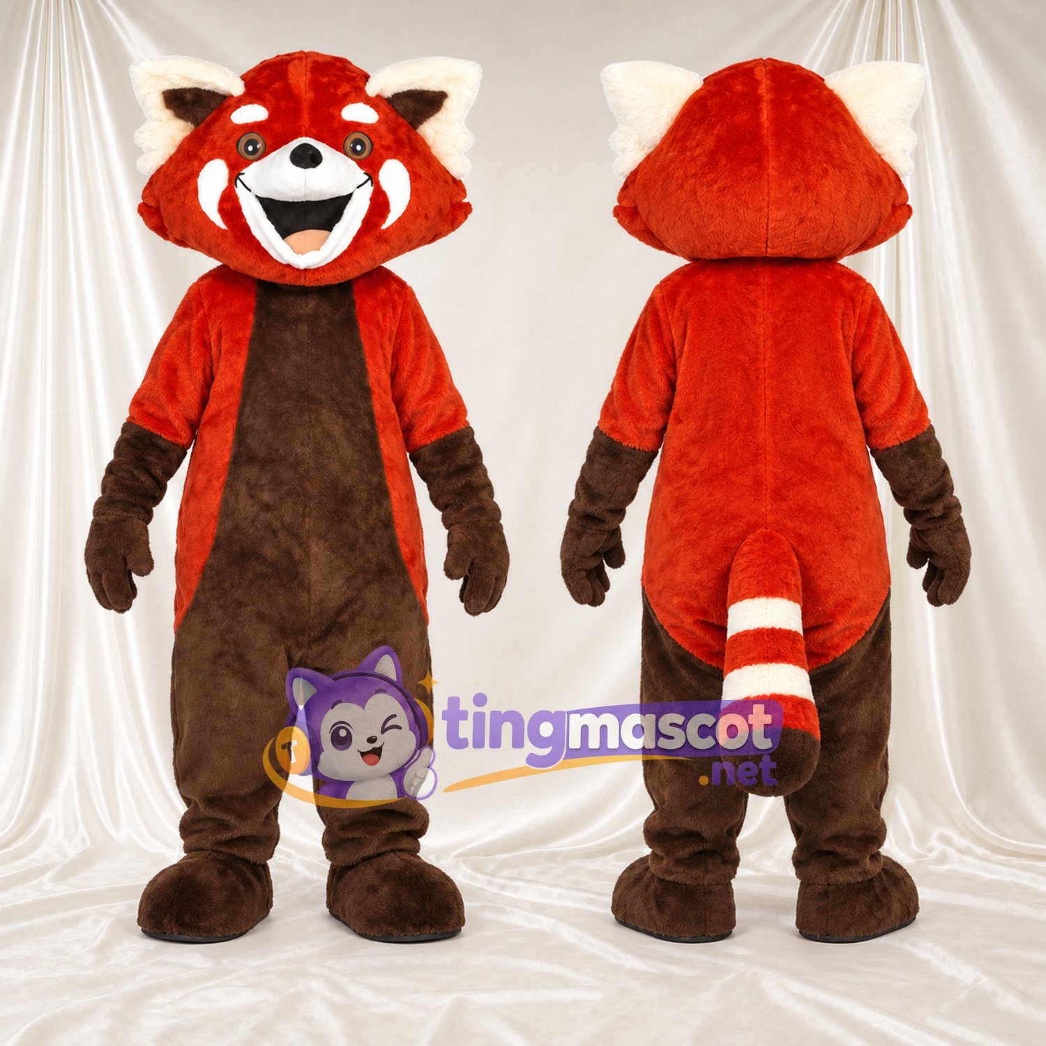 Costume de mascotte Panda roux – rouge / marron – Ventre (marron); Queue rayée (blanc) Costume de mascotte Panda roux – rouge / marron – Ventre (marron); Queue rayée (blanc)