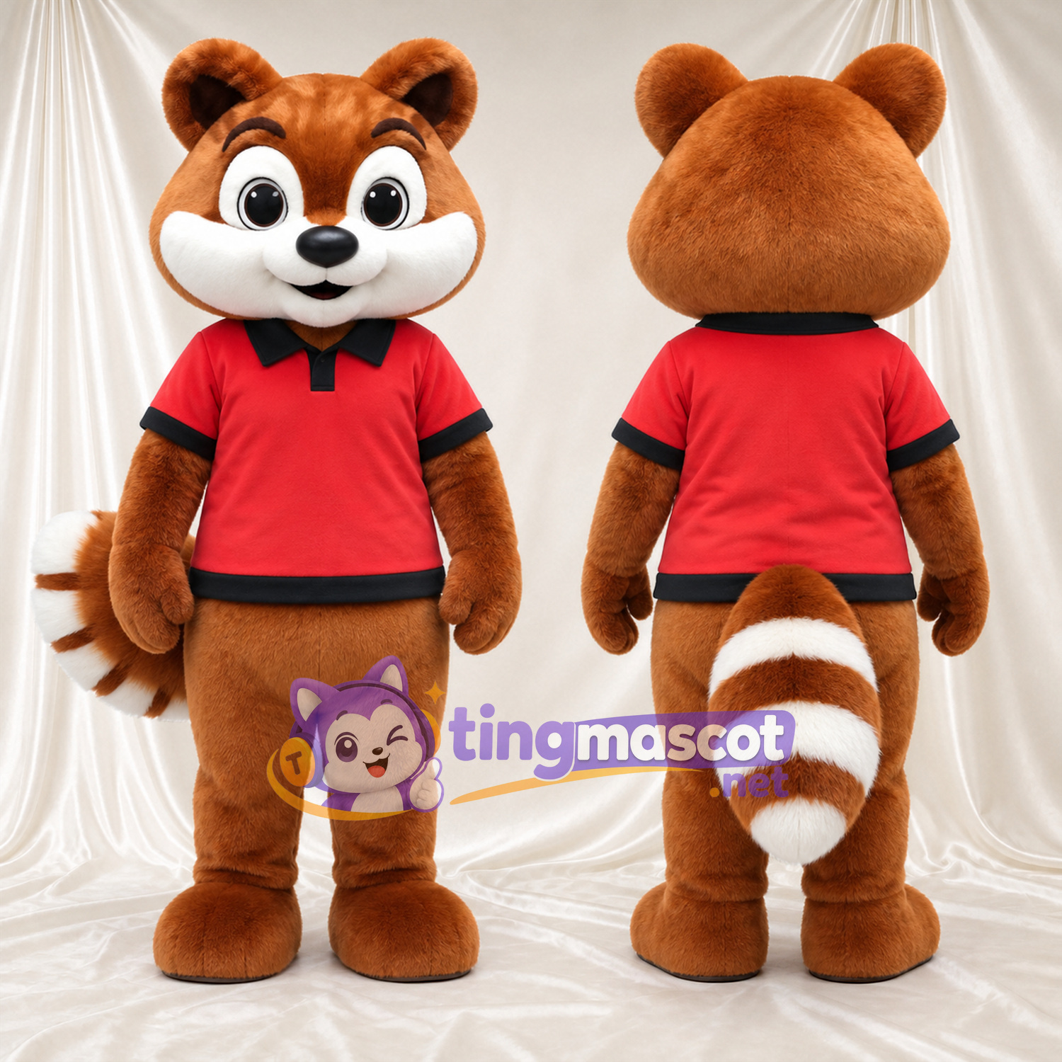 Costume de mascotte Panda roux – marron – Polo (rouge) Costume de mascotte Panda roux – marron – Polo (rouge)