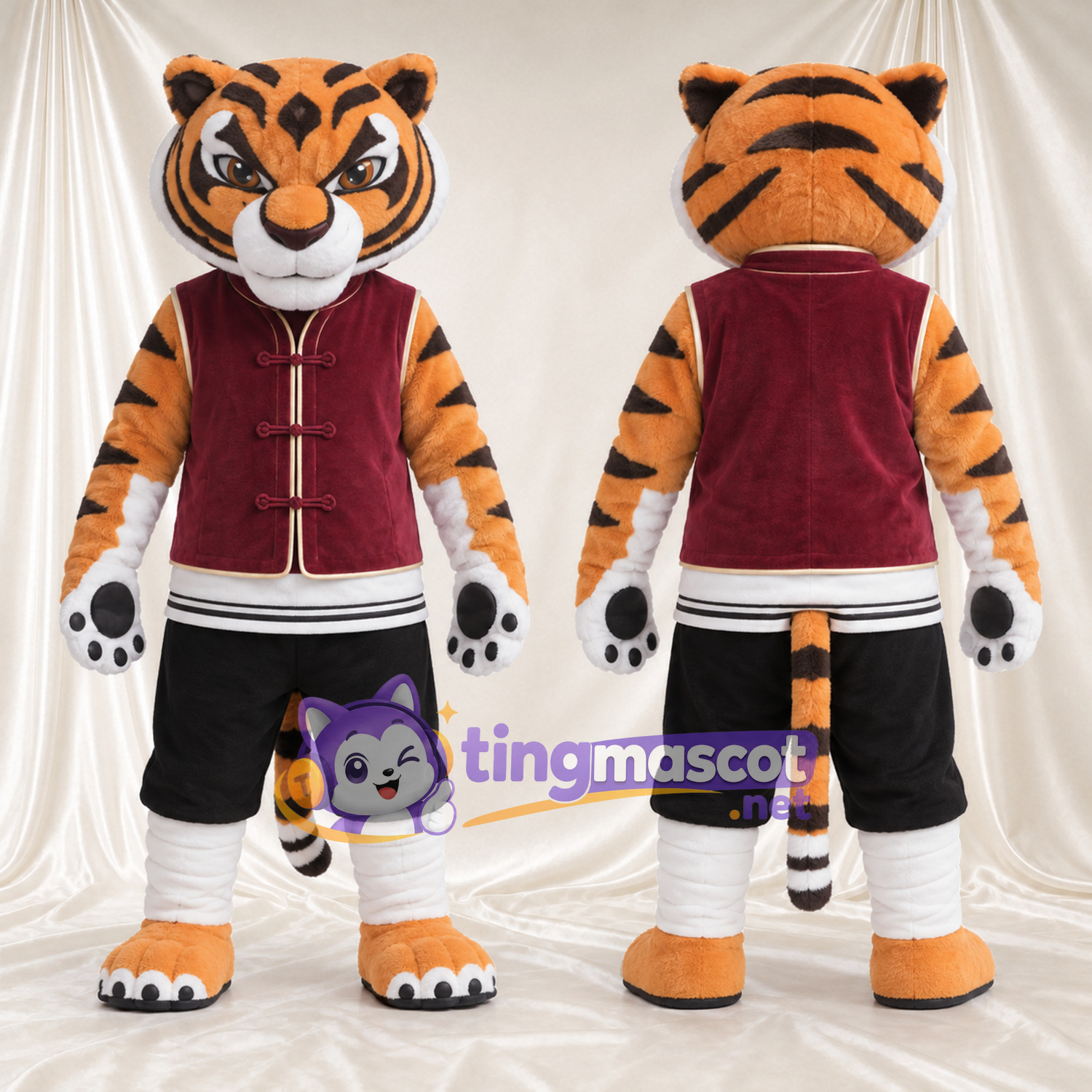 Costume de mascotte Tigre – orange / noir – Gilet (bordeaux foncé); Short (noir) Costume de mascotte Tigre – orange / noir – Gilet (bordeaux foncé); Short (noir)