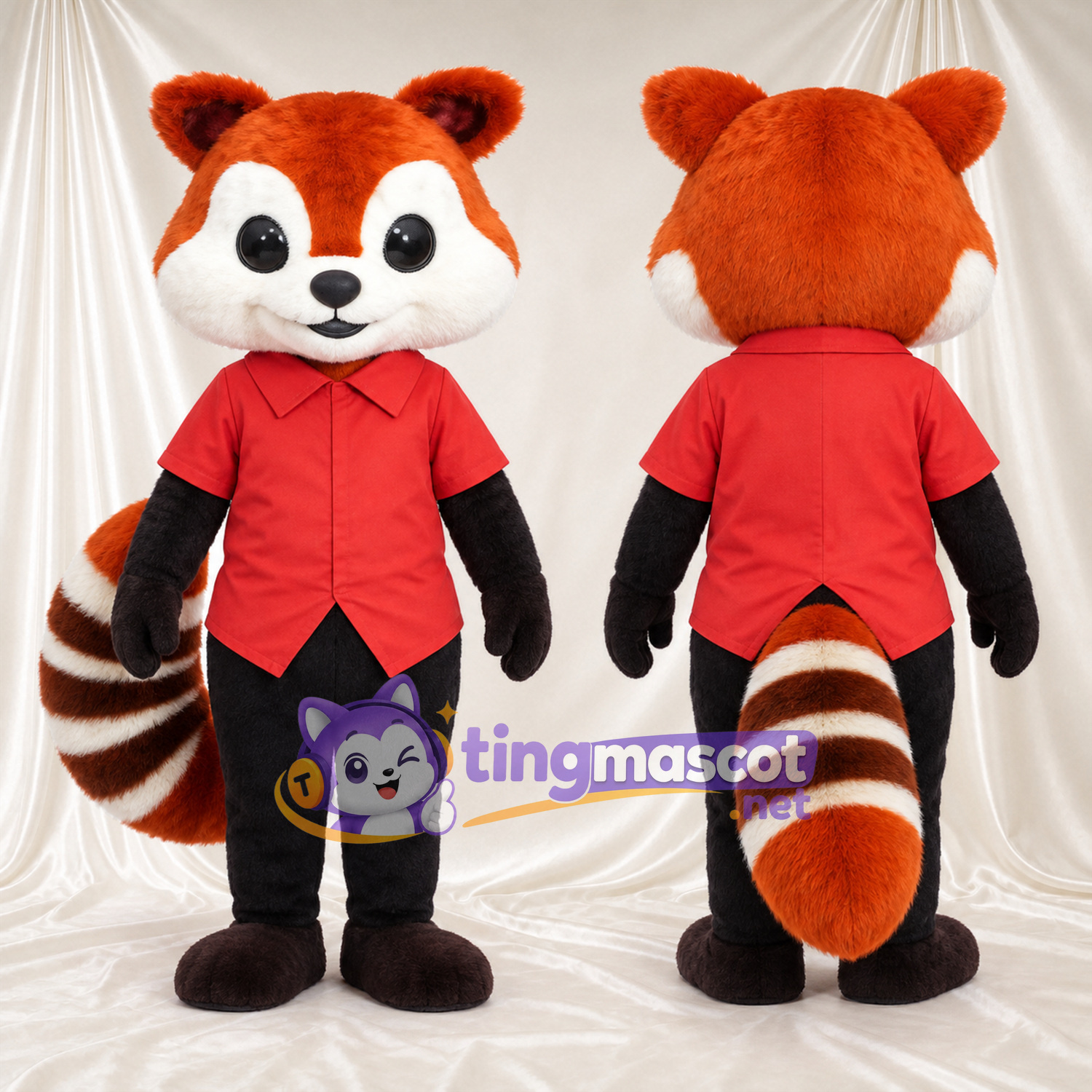 Costume de mascotte Panda roux – orange / marron – Chemise (rouge); Pantalon (noir) Costume de mascotte Panda roux – orange / marron – Chemise (rouge); Pantalon (noir)