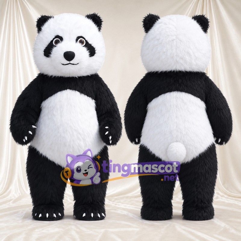 Black and White Panda Mascot Costume - Smiling Face and White Tail