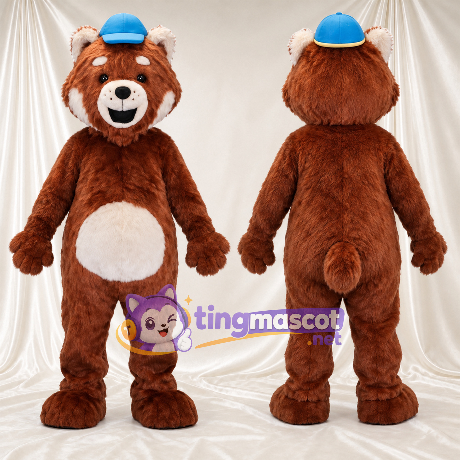 Maskottchenkostüm Bär – braun – Kappe (blau) Maskottchenkostüm Bär – braun – Kappe (blau)