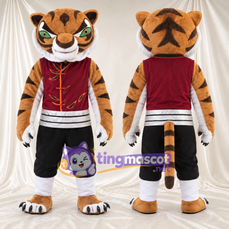 Costume de mascotte Tigre – orange / noir – Gilet (bordeaux foncé); Short (noir)