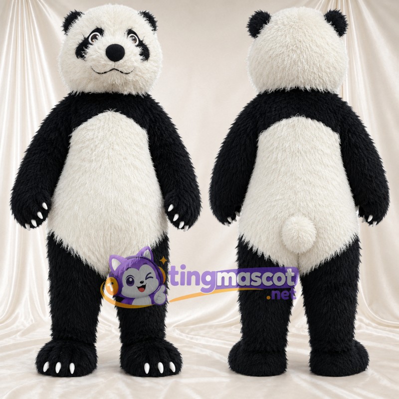 Black and White Panda Mascot Costume - Shaggy Fur and White Tail