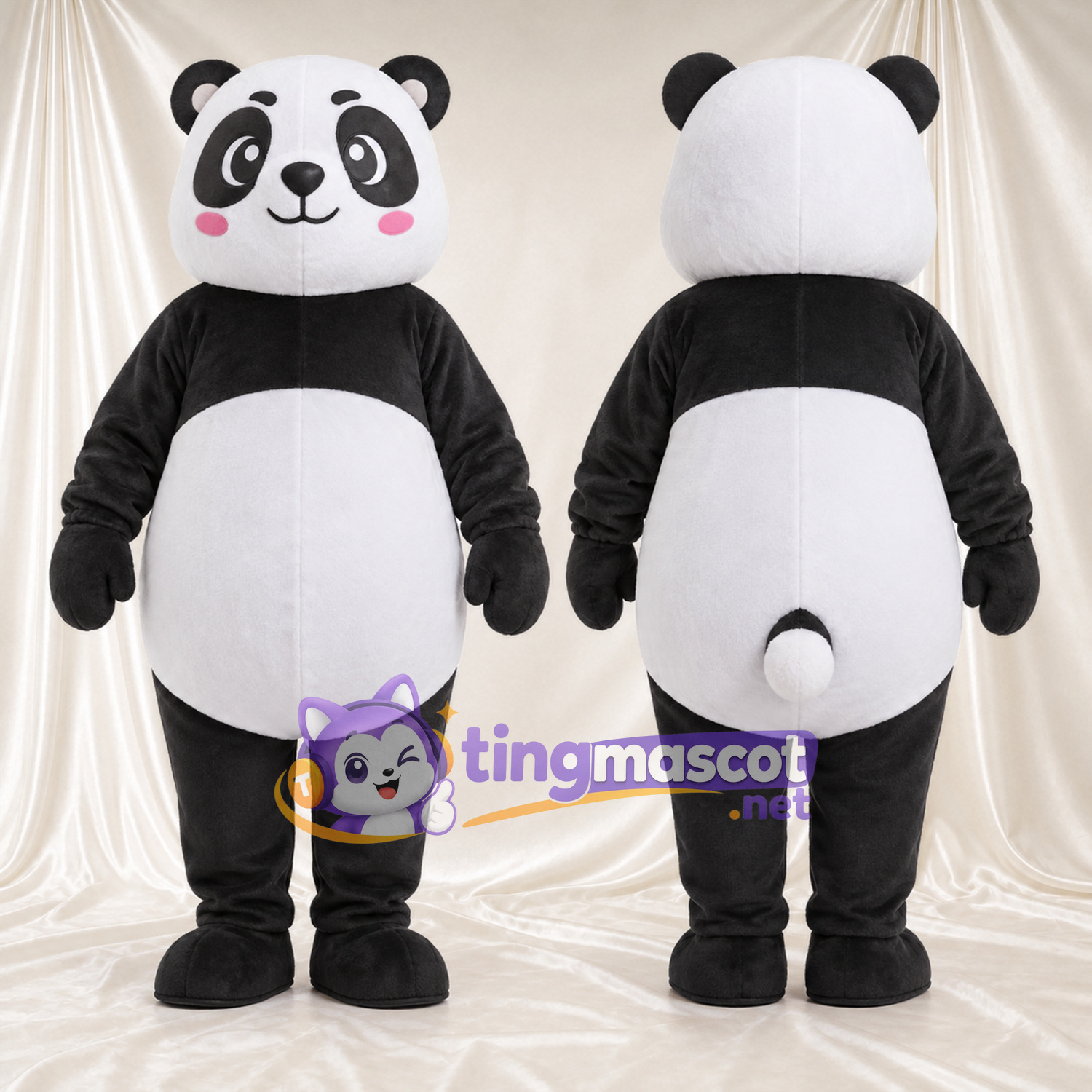 Black and White Panda Mascot Costume - Pink Cheeks and White Tail Black and White Panda Mascot Costume - Pink Cheeks and White Tail