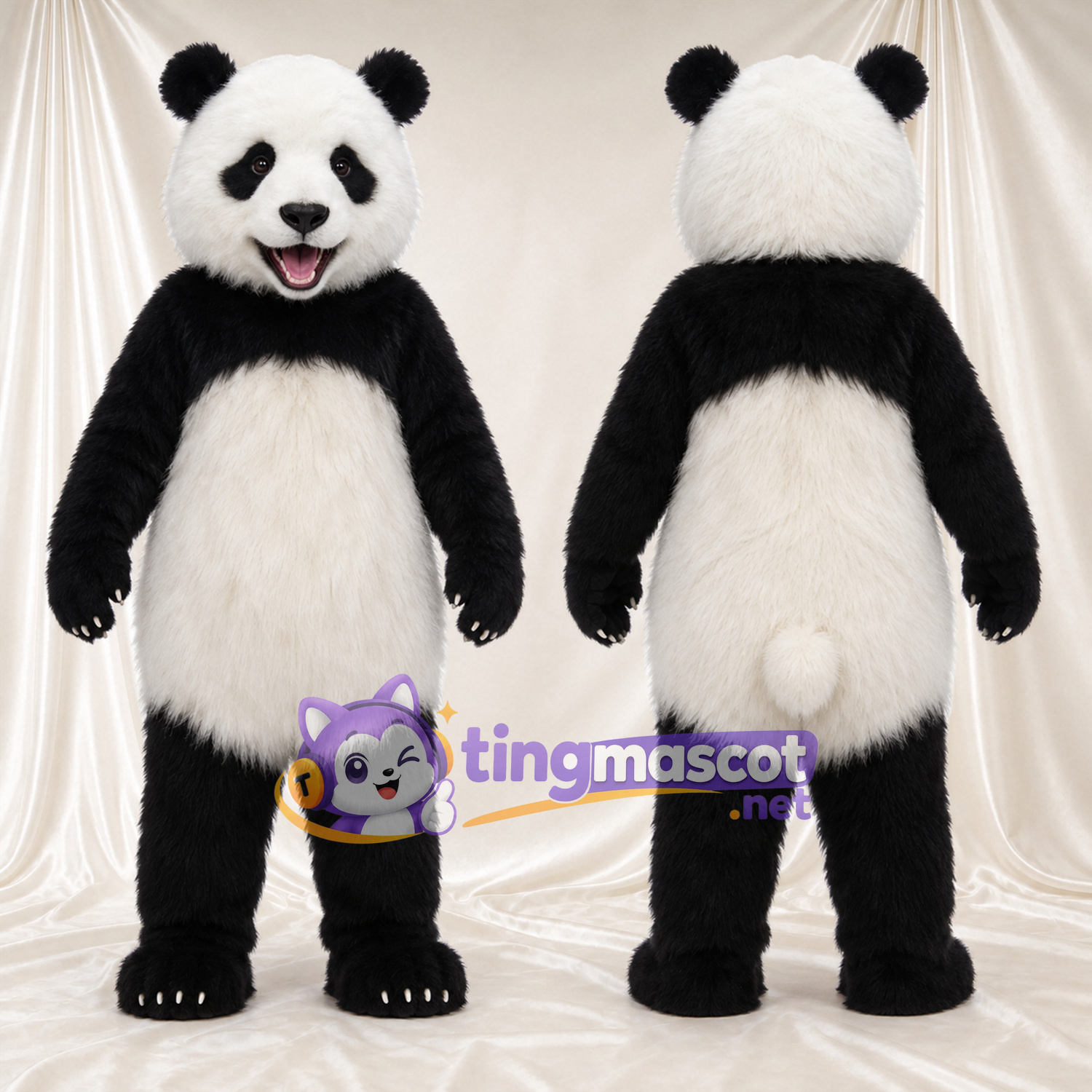 Black and White Panda Mascot Costume - Pink Tongue and White Tail Black and White Panda Mascot Costume - Pink Tongue and White Tail