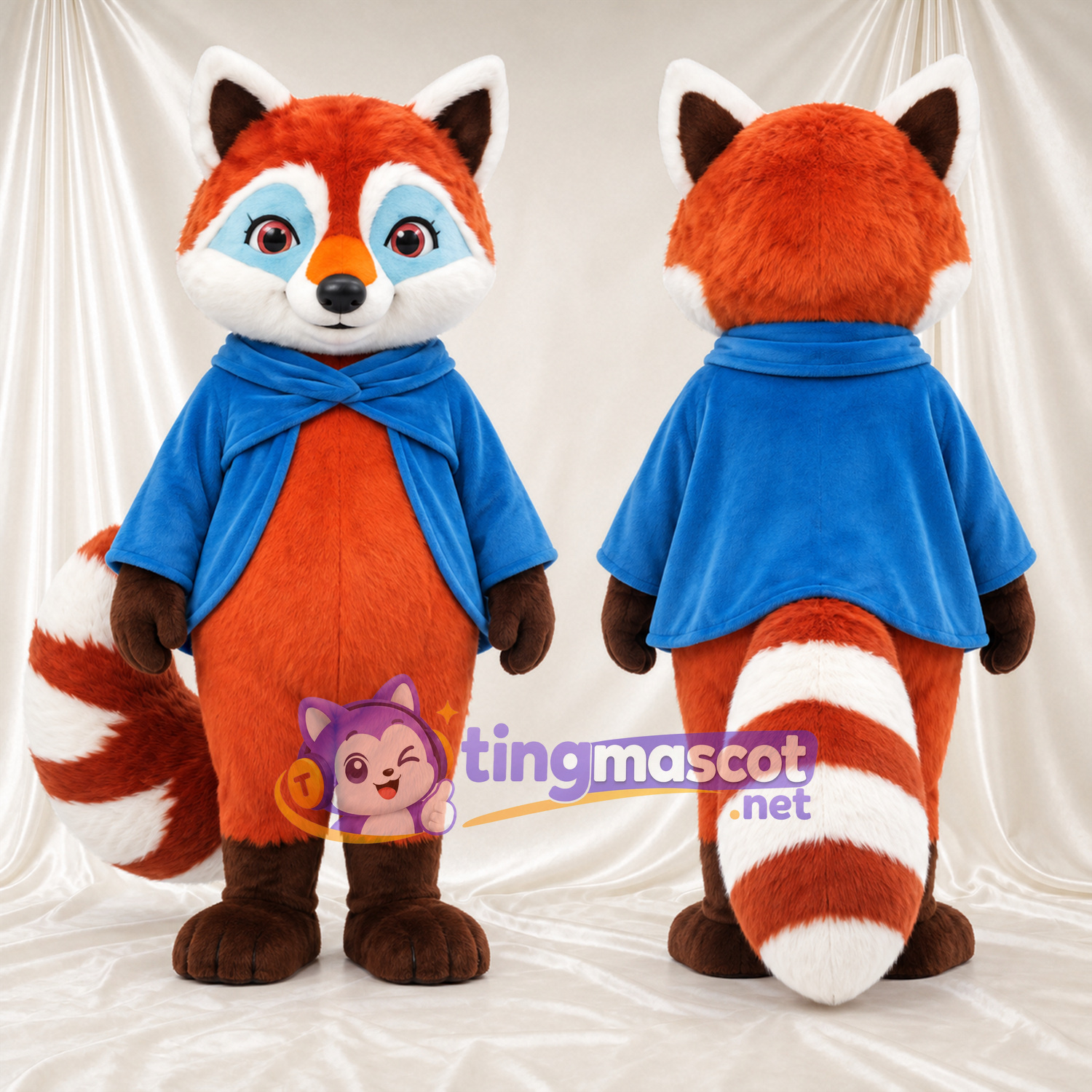 Costume de mascotte Panda roux – orange / marron – Cape (bleu) Costume de mascotte Panda roux – orange / marron – Cape (bleu)