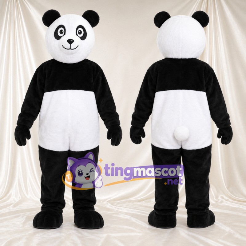 Costume de mascotte Panda – noir / blanc – Sourcils relevés; Empiècements sur les cuisses (blanc)