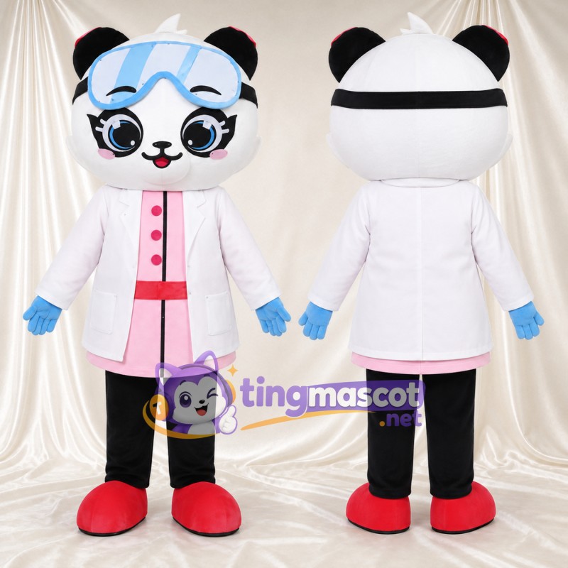 Costume de mascotte Panda – noir / blanc – Blouse de laboratoire (blanc); Lunettes de protection (bleu)