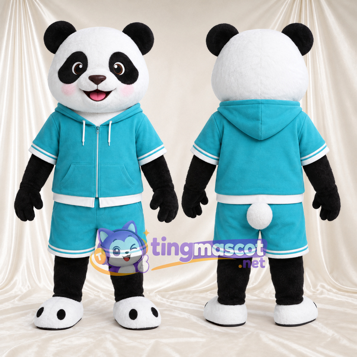 Black and White Panda Mascot Costume - Teal Hoodie and Shorts Black and White Panda Mascot Costume - Teal Hoodie and Shorts