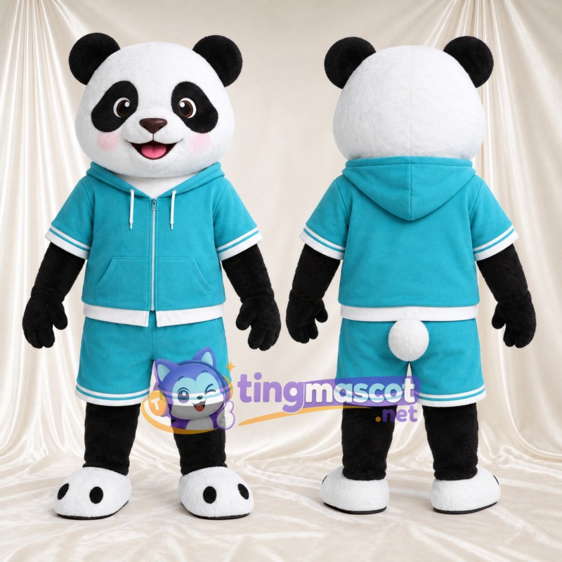 Black and White Panda Mascot Costume - Teal Hoodie and Shorts