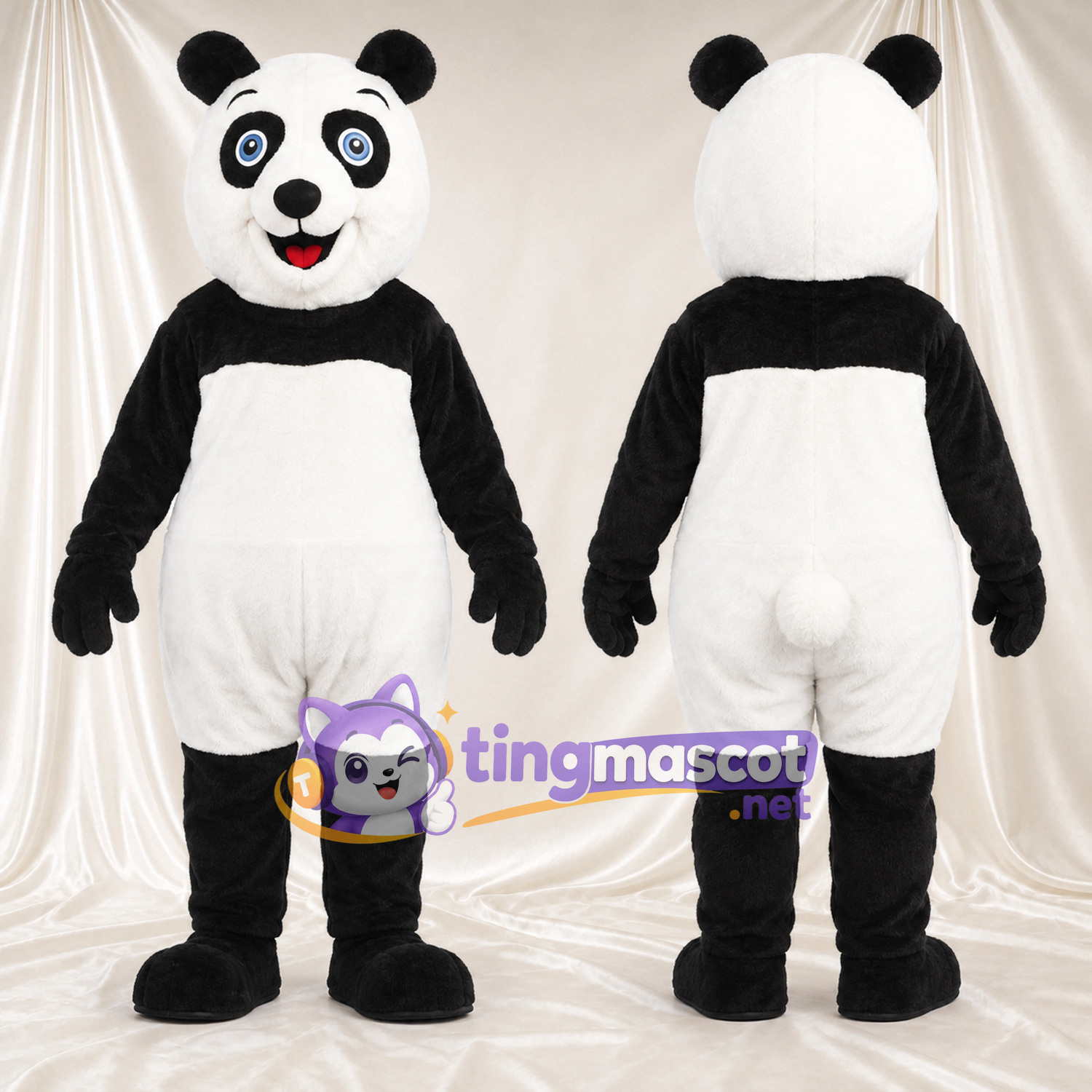 Black and White Panda Mascot Costume - Blue Eyes and Pink Tongue Black and White Panda Mascot Costume - Blue Eyes and Pink Tongue