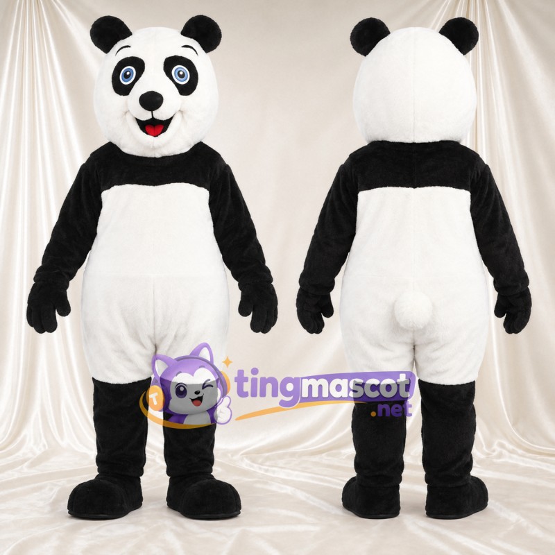 Black and White Panda Mascot Costume - Blue Eyes and Pink Tongue