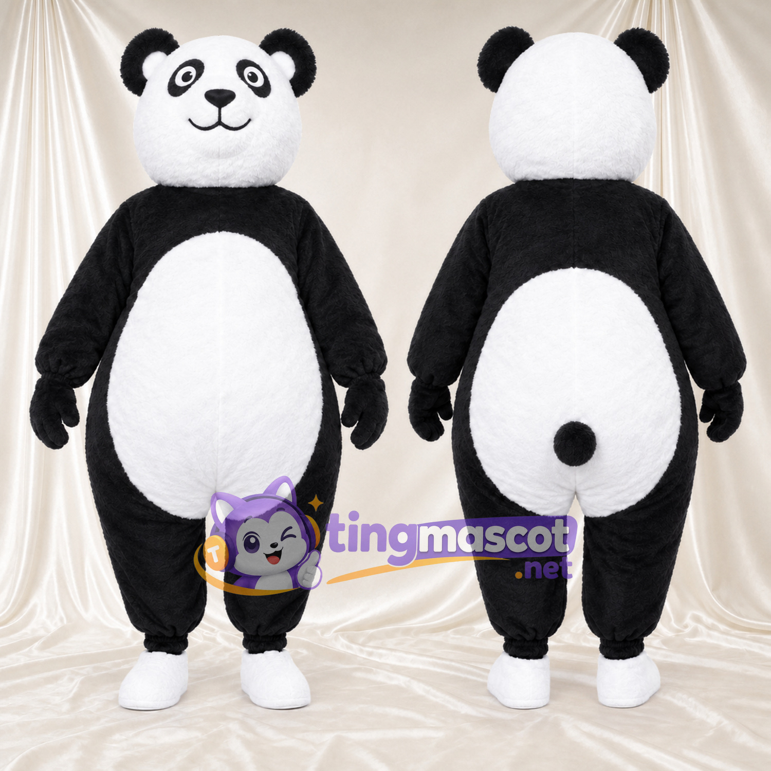 Costume de mascotte Panda – noir / blanc – Chaussures (blanc); Queue (noir) Costume de mascotte Panda – noir / blanc – Chaussures (blanc); Queue (noir)