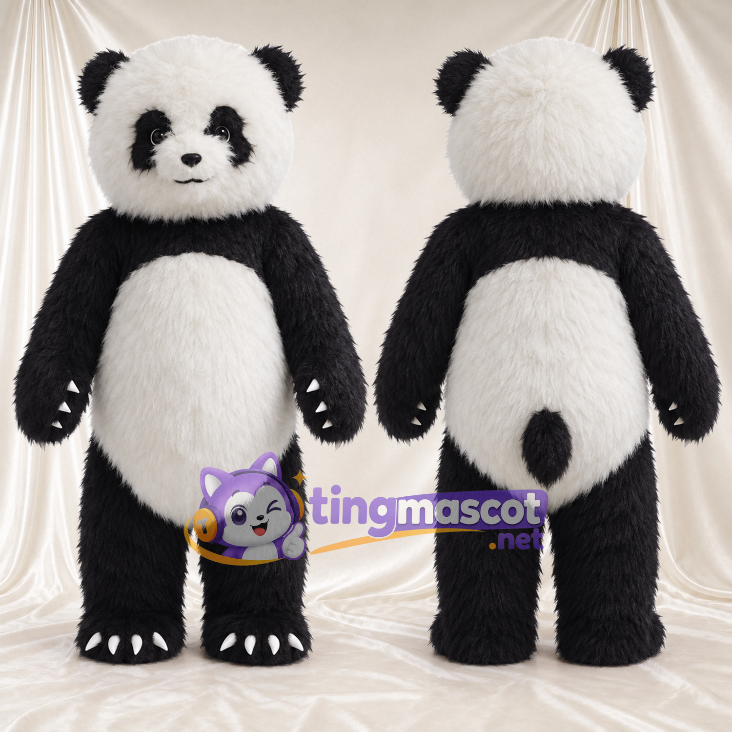 Black and White Panda Mascot Costume - Shaggy Fur and Black Tail Black and White Panda Mascot Costume - Shaggy Fur and Black Tail
