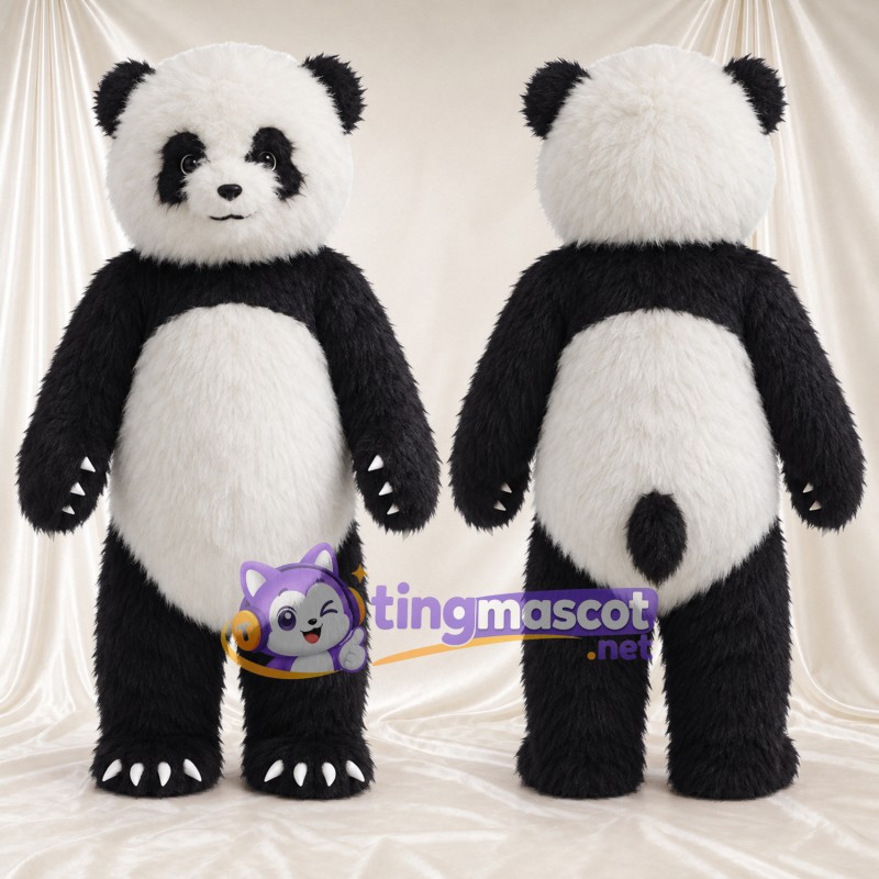 Black and White Panda Mascot Costume - Shaggy Fur and Black Tail