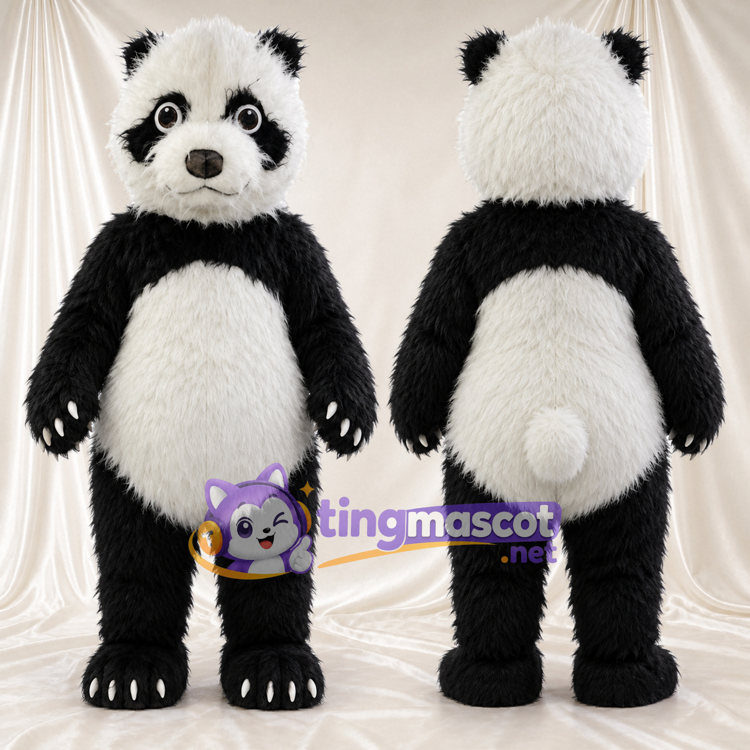 Black and White Panda Mascot Costume - Shaggy Fur and White Tail Black and White Panda Mascot Costume - Shaggy Fur and White Tail