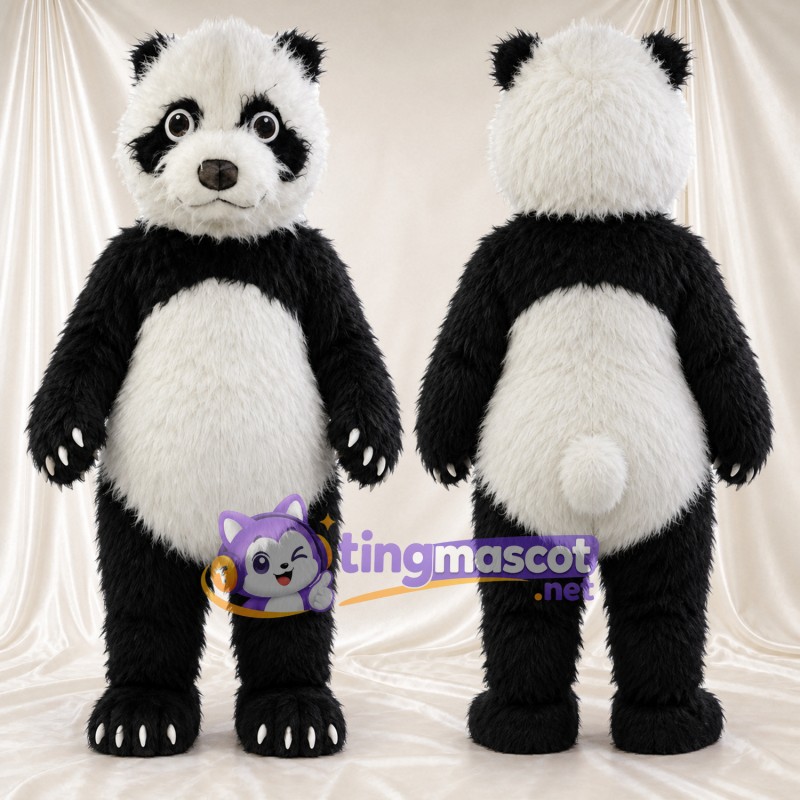 Black and White Panda Mascot Costume - Shaggy Fur and White Tail