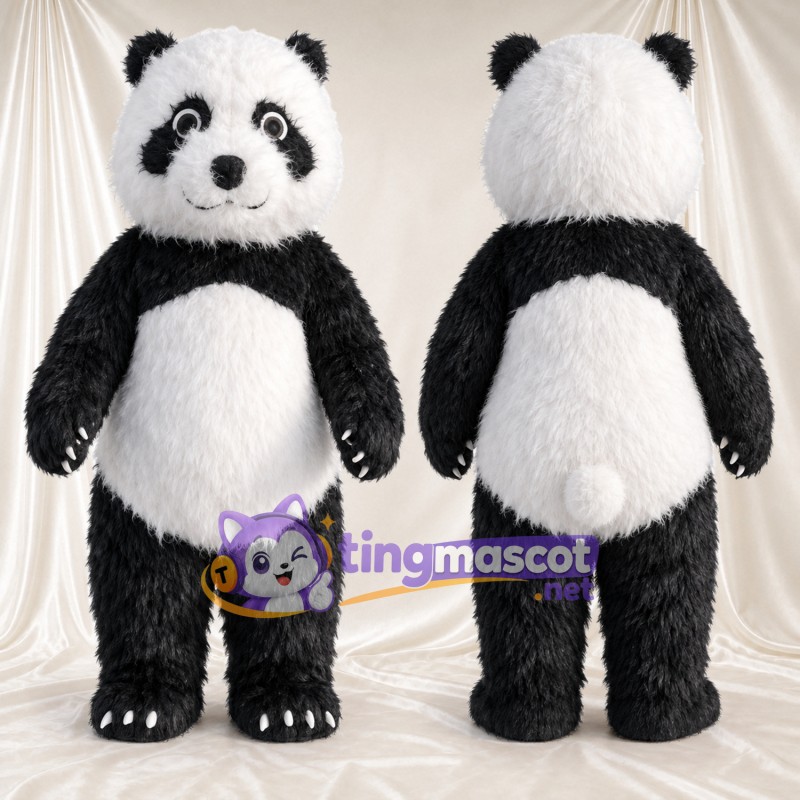 Maskottchenkostüm Panda – schwarz / weiß – Zottelfell; Augen