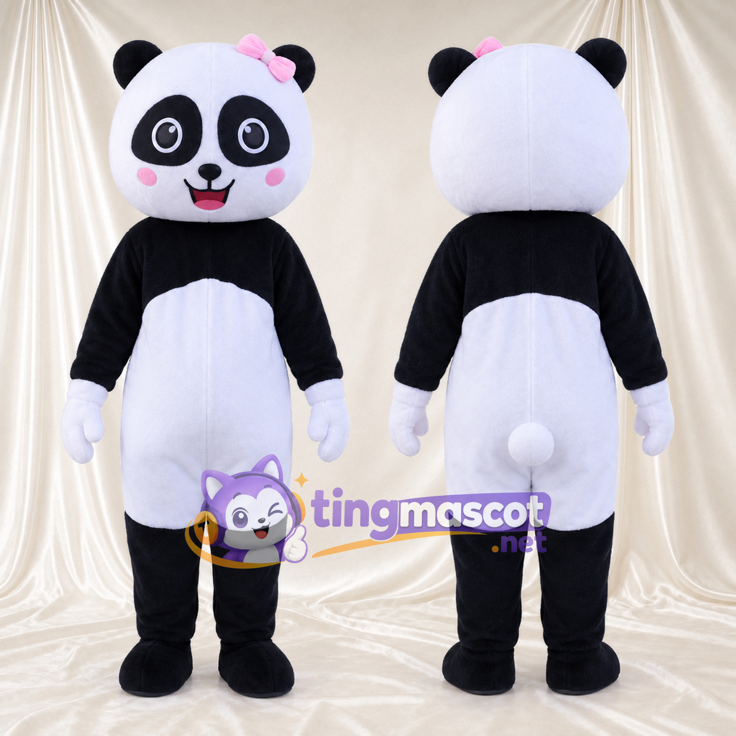 Costume de mascotte Panda – noir / blanc – Nœud dans les cheveux (rose)
