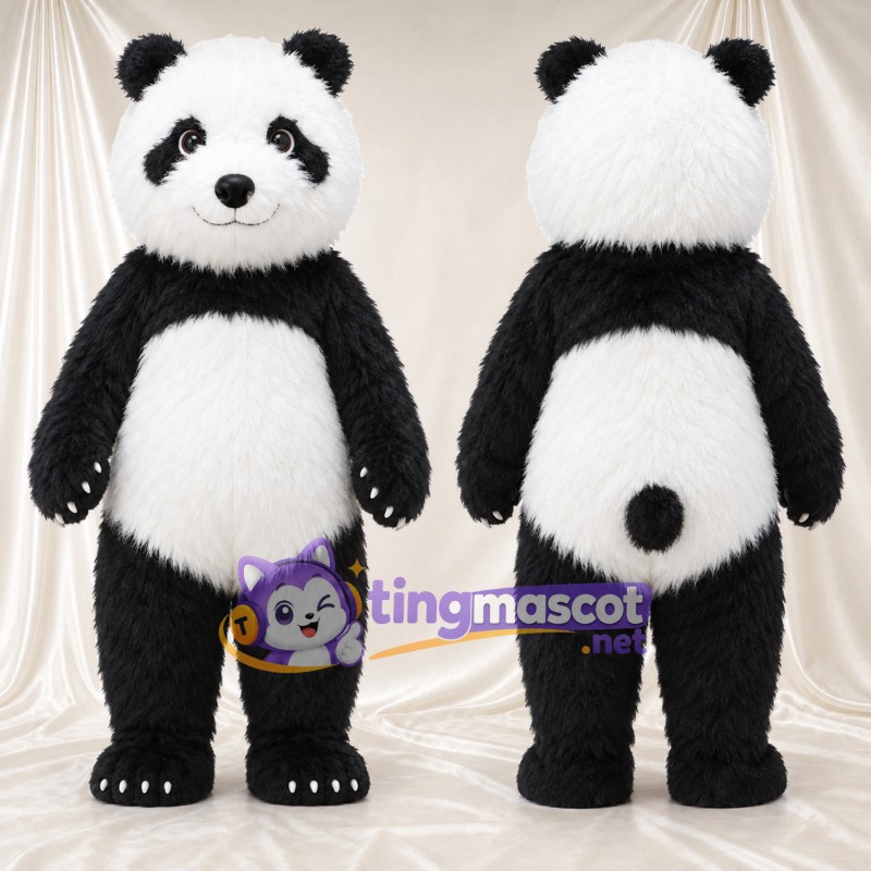 Black and White Panda Mascot Costume - Smiling Face and Black Tail